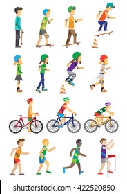 Sport people set of man and woman. Boys and girls roller skate and skateboarding and cycling flat design style. People run in the competition isolated on white background. Vector illustration