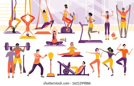 Sport people training in gym, cartoon sport characters workout vector illustration. Men and women exercising in fitness center, active healthy lifestyle. Yoga and cardio training in gym, modern 