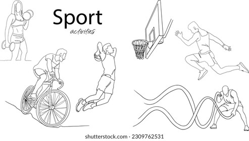 Colección de contorno vectorial de gente deportiva. El conjunto de actividades deportivas. Deportes profesionales. Baloncesto, ciclismo, corredor, dumbells, cuerda y dumbells entrenan ilustración vectorial.