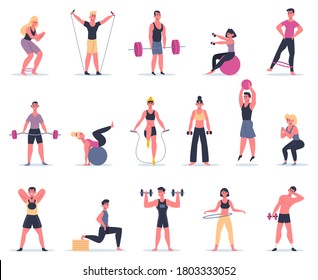 Sport people. Young athletes at sport gym, male female fitness workout characters training and exercising vector illustration icons set. Fitness training exercise, active woman and man, people workout