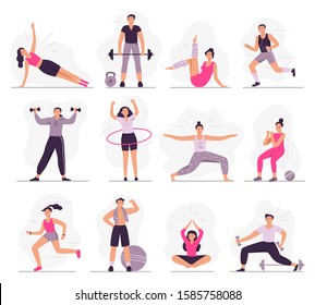 Sport people. Young athletic woman fitness activities, sports man and gym exercises. Characters gymnastics, outdoor active games and workout. Isolated vector illustration icons set