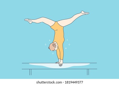 Sport, perfomance, gymnastics concept. Young professional woman girl gymnast cartoon character hand standing on balance beam balancing on tournament. Active lifestyle and flexibility illustration.