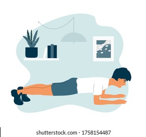 Sport and physical activities at home. Healthy lifestyle, fitness training concept. Young athletic man doing elbow plank exercises in apartment room. Active people, home workout vector illustration.