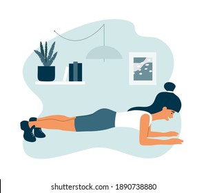 Sport and physical activities at home. Healthy lifestyle, fitness training, body care. Young athletic woman doing elbow plank exercises in apartment room. Active people, workout vector illustration