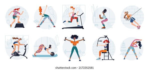 Sport physical exercises of woman in gym set vector illustration. Cartoon active strong girls in sportswear training body on cardio workout, gymnastics, aerobics and yoga. Healthy lifestyle concept