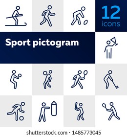 Sport pictogram icon. Set of line icons on white background. Ball games, skiing, boxing. Activity concept. Vector illustration can be used for topics like hobby, leisure, sport training