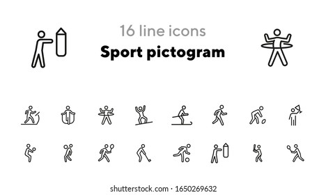 Sport pictogram icon. Set of line icons on white background. Ball games, skiing, boxing. Activity concept. Vector illustration can be used for topics like hobby, leisure, sport training