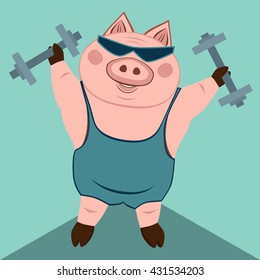 Sport. Pig lifts dumbbells. Vector illustration