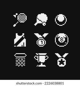 Sport pixel art icons set. Winner's trophy award. Basketball and basket. Game tournament achievement. 1-bit sprites. Game assets. Isolated vector illustration.