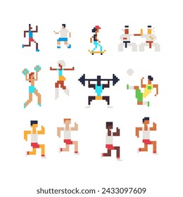 Sport pixel art set, different sports, sportsmen runners skater cheerleaders karate, people characters, for game developers. Isolated vector illustration.