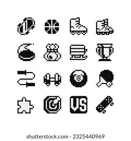 Sport pixel art style icons set, emoji. Achievement logo. 1-bit sprite. Design for logo game, sticker, web, mobile app, badges and patches. Isolated vector illustration. Game assets.
