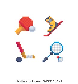 Sport pixel art style icons set, emoji. 8-bit sprite. Design for logo game, sticker, web, mobile app, badges and patches. Isolated vector illustration. Game assets.