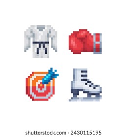 Conjunto de iconos de estilo de arte de píxel deportivo, emoji. Logro logo. Sprite de 8 bits. Diseño para el juego del logotipo, etiqueta engomada, web, aplicación móvil, insignias y parches. Ilustración aislada del vector. Activos del juego.