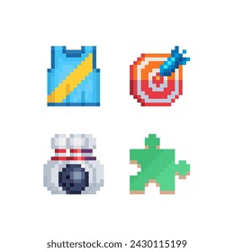 Sport pixel art style icons set, emoji. Achievement logo. 8-bit sprite. Design for logo game, sticker, web, mobile app, badges and patches. Isolated vector illustration. Game assets.