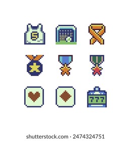 Sport pixel art style icons set, emoji. 8-bit sprite. Design for logo game, sticker, web, mobile app, badges and patches. Isolated vector illustration. Game assets.