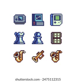 Sport pixel art style icons set, emoji. 8-bit sprite. Design for logo game, sticker, web, mobile app, badges and patches. Isolated vector illustration. Game assets.