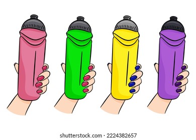 Sport plastic water bottle for fitness in hand. Isolated vector illustration. Hand drawn style.