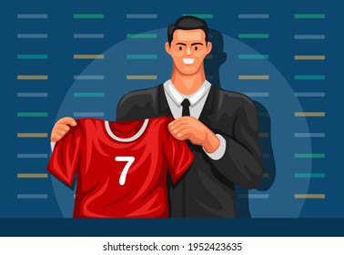 Sport Player Launching New Club And Jersey In Press Conference Concept In Cartoon Illustration Vector