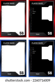 Sport player trading card frame border template design front and back for personnal information and performance 