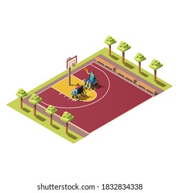 Sport players with ball, people with disabilities. Isometric composition with two invalids in wheelchair playing basketball on athletic field vector illustration on white background.