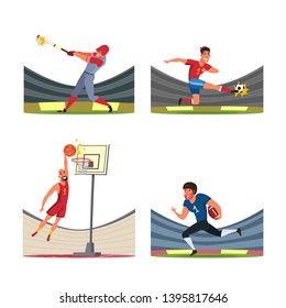 Sport players vector illustrations set. Baseball, American football, basketball, soccer players cartoon characters. Sportsmen wearing uniform, professional equipment. Athletes on stadium flat drawing