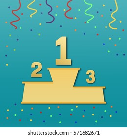 Sport podium in flat style.Winner, number one background confetti on pedestal.Poster or brochure template.