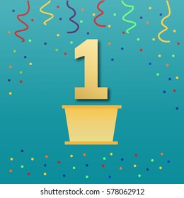 Sport podium in flat style.Winner, number one background confetti on pedestal.Poster or brochure template.Vector an illustration with figure one on a turquoise background