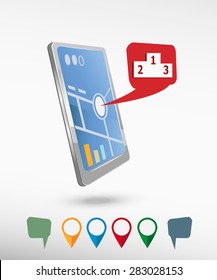 Sport podium and perspective smartphone vector realistic. Set of bright map pointers for printing, website, presentation element and application mockup.