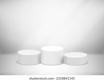 Sport podium with sun flare in bright room. 3D vector illustration 