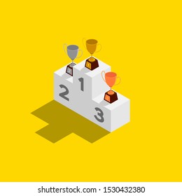 Sport podium with Trophy Cup 3d isometric pattern, Winner concept poster and social banner post square design illustration isolated on yellow background with copy space, vector eps 10