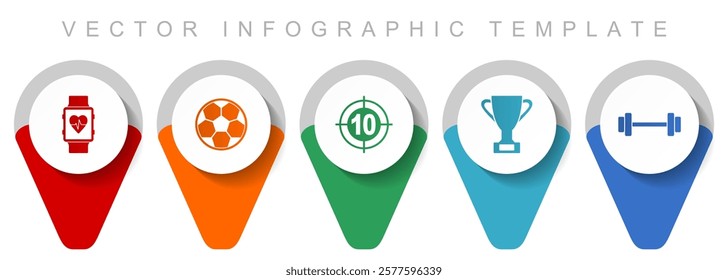 Sport pointer collection, miscellaneous icons such as smartwatch, football, darts, cup and fitness, flat design vector infographic template in eps 10