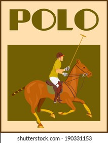 Sport polo club player in helmet with mallet on horseback poster vector illustration