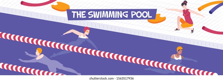 Sport pool horizontal background with view of swim lanes and banking board with people and text vector illustration