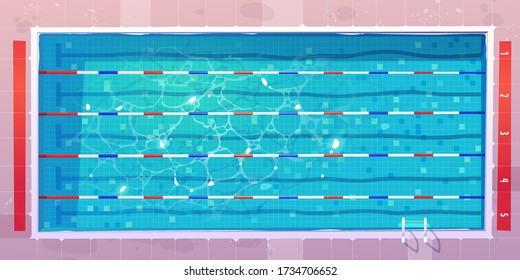 Sport pool, top view with blue ripped water, ceramics floor and lanes or paths for dip. Empty reservoir for swimming sports competition, fitness or aqua aerobics training, Cartoon vector illustration
