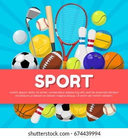 Sport poster design of different equipment on background and place for your text. Vector illustrations