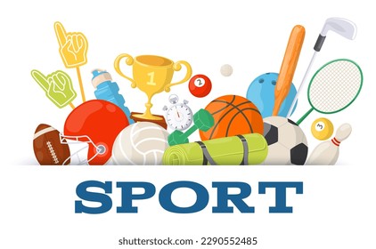 Sport poster design template with gaming, gymnastics or fitness training items icons vector illustration. Healthy lifestyle, sportive recreation activity and achievement concept