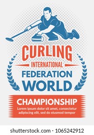 Sport poster design template with illustration of curling game. Vector curling international federation world,