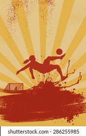 Sport Poster, Silhouette Of Woman Soccer Player Performing Bicycle Kick On Grunge Background