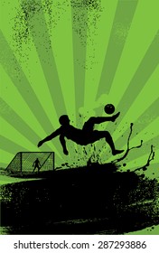 Sport Poster, soccer player performing overhead kick on grunge background, vector