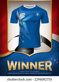 Sport poster template with Soccer jersey team design gold and blue trend background, For presentation score or game results (EPS10 vector fully editable and color change)