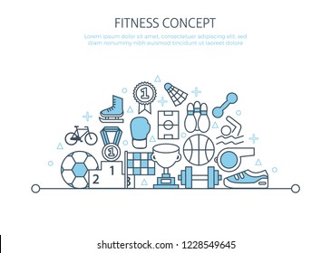 Sport poster template. Thin line icons set fitness concept banner. Sports equipment web symbols outline flat style for football, basketball, mobile app background, healthy lifestyle print, ball, game