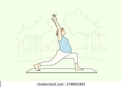 Sport, pregnancy, healthcare concept. Young pregnant woman cartoon character does yoga practicing activity exercise in park. Healthy lifestyle and outdoor recreation for expecting mothers illustration