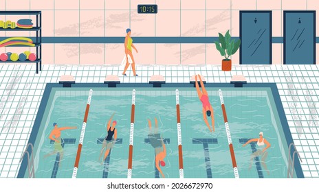 Sport professional swimming pool with lanes. People swim in public swimming pool vector illustration set. Man and woman swim in water. Fitness center interior