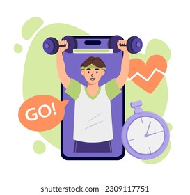 Sport program online. Man with dumbbells in hands on screen of smartphone. Active lifestyle, fitness and sports. Strength training schedule to strengthen muscles. Cartoon flat vector illustration