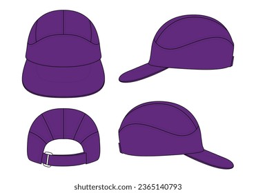 Sport purple baseball cap with cut and sew style, adjustable hook and loop strap back template on white background, vector  file.