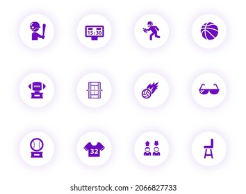 sport purple color vector icons on light round buttons with purple shadow. sport icon set for web, mobile apps, ui design and print
