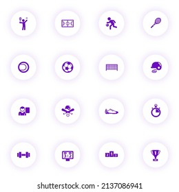 sport purple color vector icons on light round buttons with purple shadow. sport icon set for web, mobile apps, ui design and print