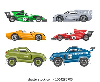 Sport race car vector speed automobile and offroad rally car colorful fast motor racing auto driver transport motorsport illustration. Championship extreme transportation