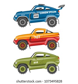 Sport race car vector speed automobile and offroad rally car colorful fast motor racing auto driver transport motorsport illustration. Championship extreme transportation