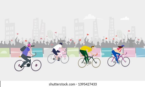 Sport race. Cycling in the City, sport event. Crowd cheering sportsmen.  